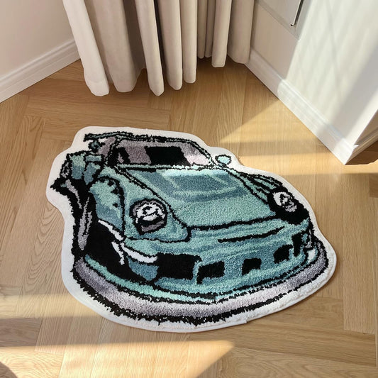 Enthusiast Green Sports Car Shaped Flocking Rug Irregular Geometric Carpet Bed Side anti Slip Floor Pad Doormat Aesthetic Home (31.5 X24 Inch)