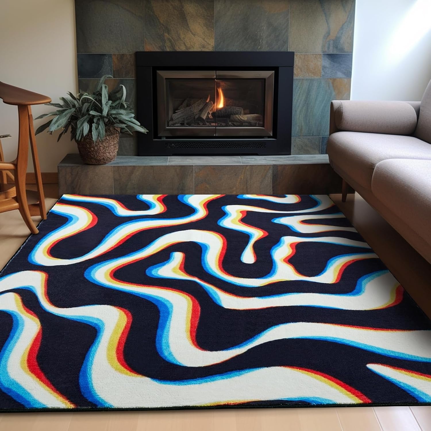 Trippy Abstract 4X6 Area Rug Soft Thin Funky Aesthetic Glitch Psychedelic Wavy Swirl Living Room Rug Colorful Black White, Retro Cool Washable Carpet for Kitchen Entryway Bedroom Dorm