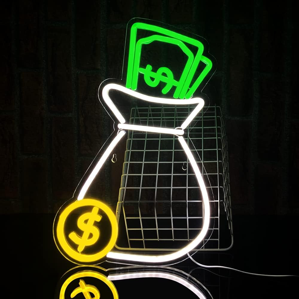 Money Neon Lights Money Bag Neon Signs for Wall Decor Led Signs for Bedroom Wall Neon Lights Suitable for Bank Bedroom 16.7X9.8 Inch （Green+White+Yellow）