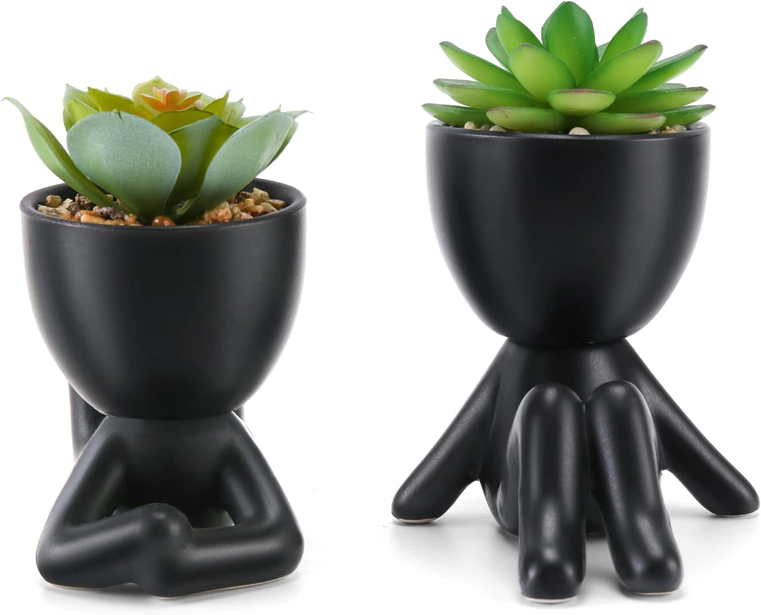 Fake Succulent, Mini Succulents Plants Artificial in Black Modern Human Shaped Ceramic Pots Desk Decor Desk Plant for Office Decor for Women, Cute Fake Plants Bathroom Decor 2PCS