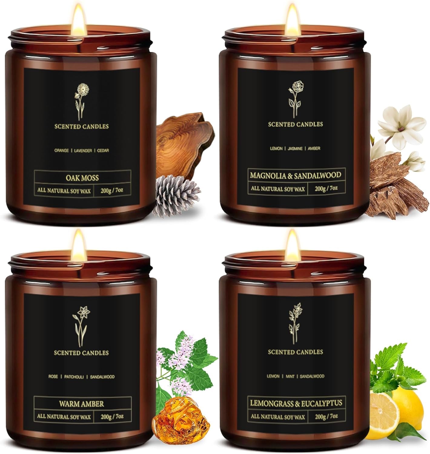 4 Pack Men Candle Set, 28Oz Scented Candles Set, Candles Gifts for Men, Candles for Home Scented, Soy Candle Scents of Oak Moss/Magnolia & Sandalwood/Warm Amber/Lemongrass & Eucalyptus