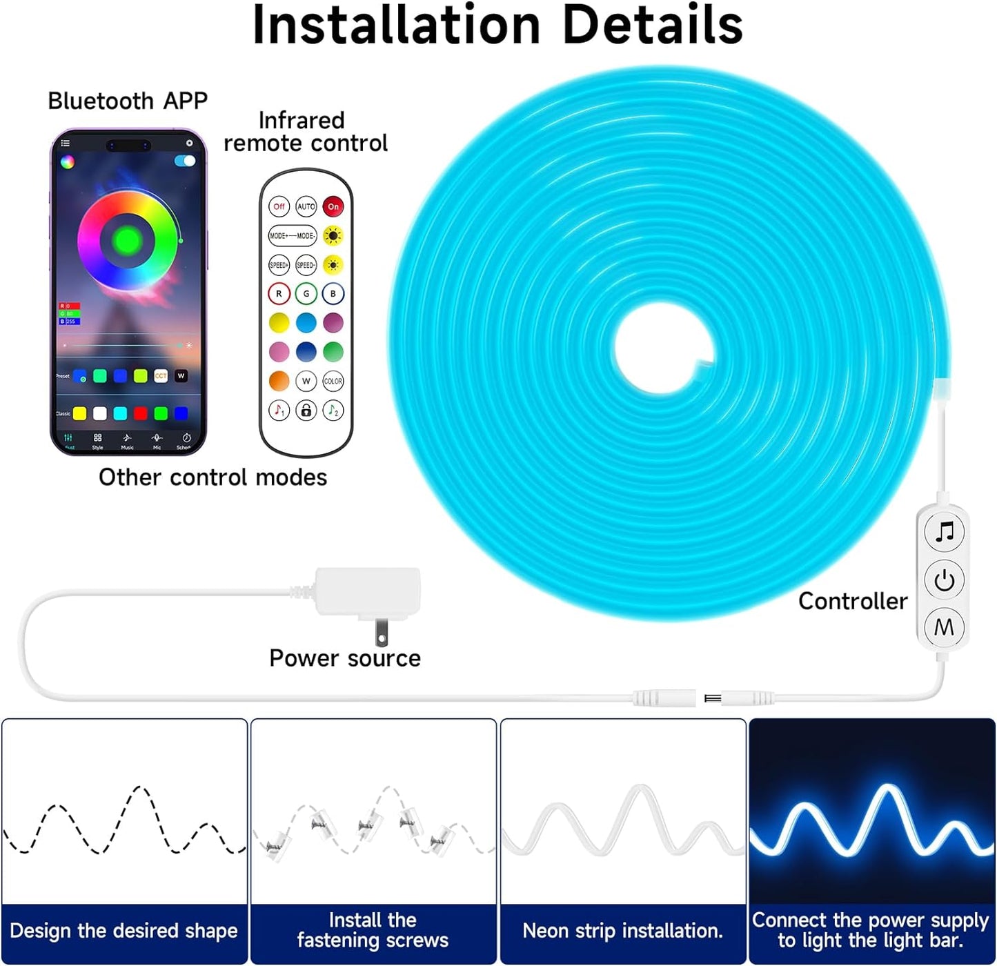 LED Neon Rope Lights, 16.4Ft RGB LED Light Strip, 24V Music Sync App/Remote Control DIY Rope Light, IP67 Waterproof Gaming LED Neon Strip Lights for Bedroom Indoor Oudoor Décor