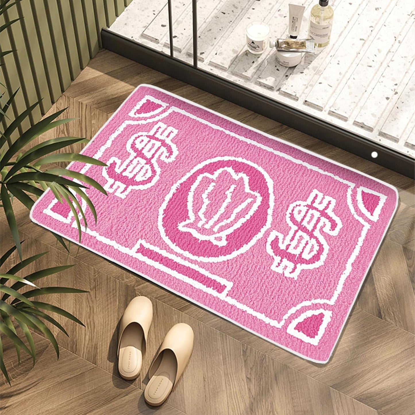 Pink Money Rug Cool Rugs for Bedroom Entrance Bathroom 2 X 3 Non Slip Front Door Rug, Green Entryway Doormat Washable Bath Mat, Funky Aesthetic Small Throw Runner Rugs Carpet for Kitchen Living Room