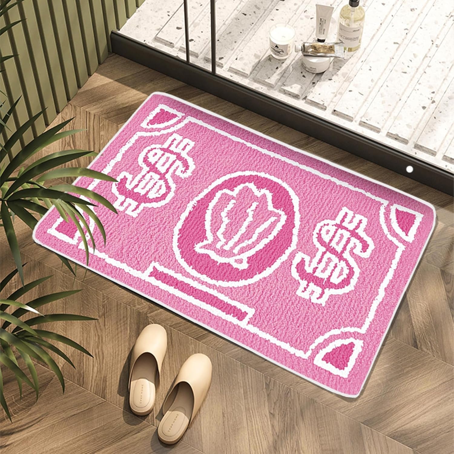 Pink Money Rug Cool Rugs for Bedroom Entrance Bathroom 2 X 3 Non Slip Front Door Rug, Green Entryway Doormat Washable Bath Mat, Funky Aesthetic Small Throw Runner Rugs Carpet for Kitchen Living Room