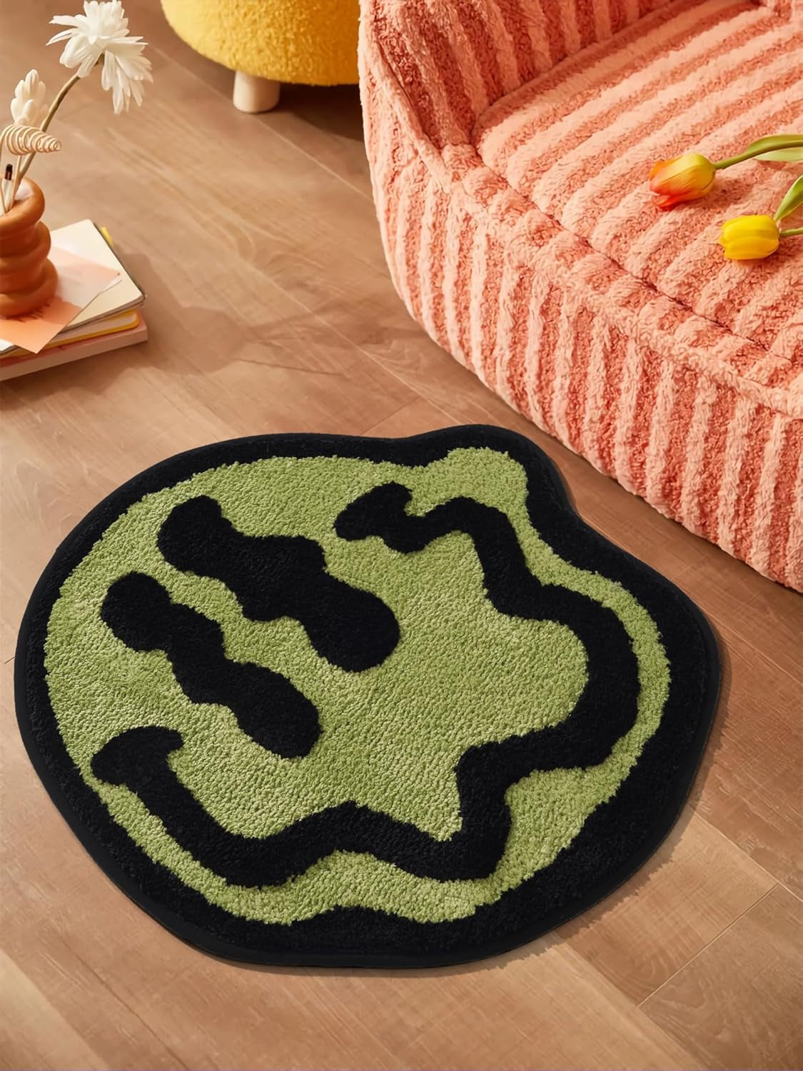 Trippy Happy Face Bath Mat Green- Cool Rugs for Bedroom, Cute Bath Mat, Hippie Rug Non-Slip, Sage Green Fun Funky Trendy Rug, Cool Decor for Bedroom Bathroom Hallway