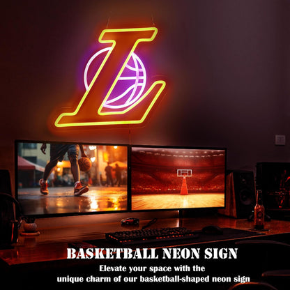 LA Basketball Neon Sign for Bedroom Wall Decor,Usb Powered Dimmable Led Neon Light,Christmas Gift for LA Basketball Fans Club Teen Kids Game Room Decor Party Light13.7×11.8 Inch