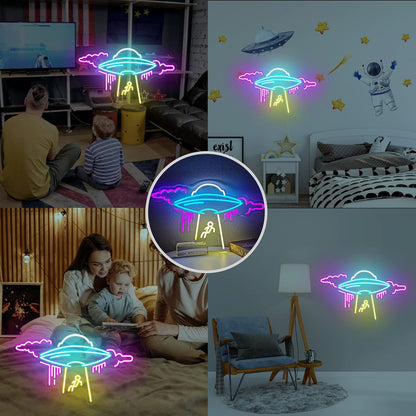 22-Inch Large UFO Neon Sign for Wall Decor, Spacecraft Cloud Alien LED Neon Light Flying Saucer USB Powered Space Dimmable Night Light for Kids Room Game Room Bedroom Men Cave Party Wall Lamp Gift