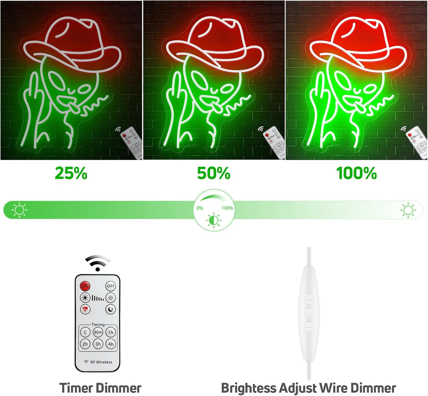 Cowboy Alien Neon Sign for Wall Decor, Remote Dimmer Green Alien Wearing Red Hats LED Neon Light for Home, USB Powered Cowboy Hat Alien Lamp for Man Cave Bar Party Gift Game Room Bedroom Room - 15''