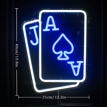 Playing Cards Neon Signs for Wall Decor Poker Teens Led Neon Light Blue White Usb Light Sign for Bedroom Casino Bar Hotel Play Room Birthday Party Decor