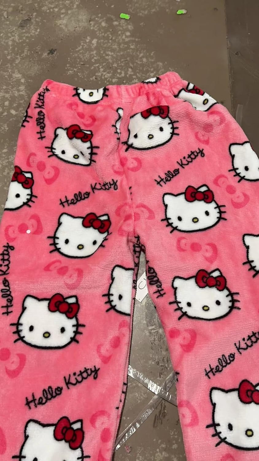 Anime Pajamas Pants Women Cartoon Family Christmas Pajama Pants Kawaii Flannel Pajama Pants Black and Pink