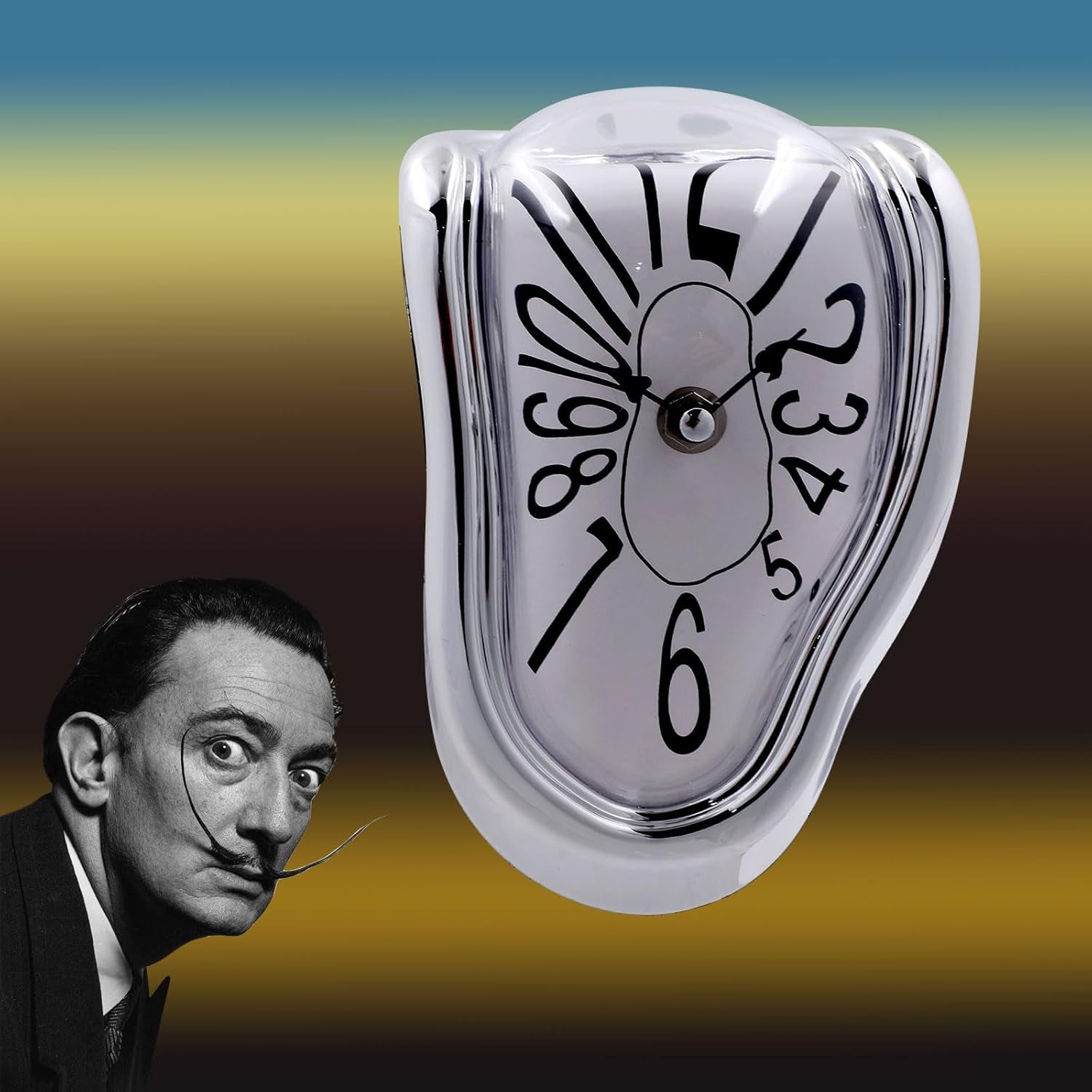 Melting Clock, Salvador Dali Watch Melted Clock for Decorative Home Office Shelf Desk Table Funny Creative Gift, Arab Silver