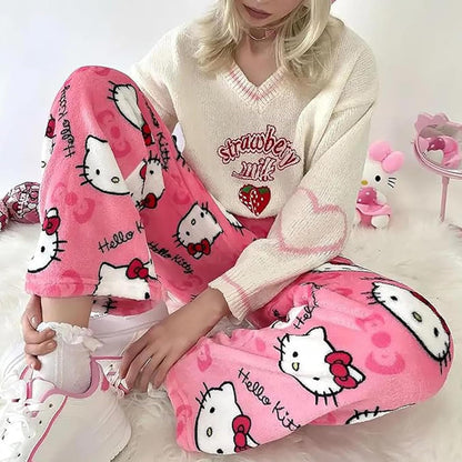 Anime Pajamas Pants Women Cartoon Family Christmas Pajama Pants Kawaii Flannel Pajama Pants Black and Pink