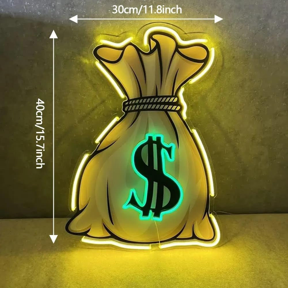 Money Bag Neon Signs for Wall Decor - Personalized Led Neon Lights Money Light up Led Sign Custom Light Signs USB Power Wall Wall Art Decoration,Size:40 * 30Cm