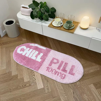 Pink Chill Pill Flocking Rug Oval Tufted Rug Bath Mat Door Floor Mat Home Decor Carpet Camping Mat Waterproof Anti-Slip (45.3X18.1Inch (115X46 Cm))