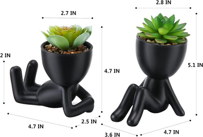 Fake Succulent, Mini Succulents Plants Artificial in Black Modern Human Shaped Ceramic Pots Desk Decor Desk Plant for Office Decor for Women, Cute Fake Plants Bathroom Decor 2PCS