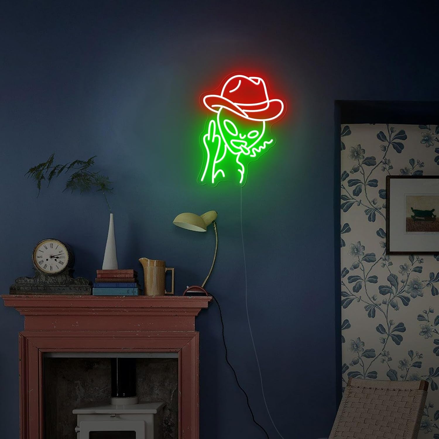 Cowboy Alien Neon Sign for Wall Decor, Remote Dimmer Green Alien Wearing Red Hats LED Neon Light for Home, USB Powered Cowboy Hat Alien Lamp for Man Cave Bar Party Gift Game Room Bedroom Room - 15''