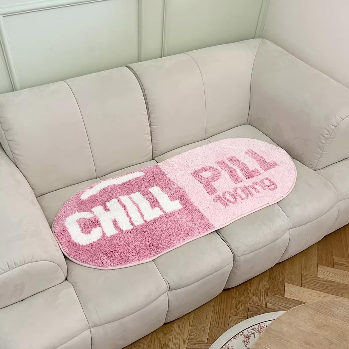 Pink Chill Pill Flocking Rug Oval Tufted Rug Bath Mat Door Floor Mat Home Decor Carpet Camping Mat Waterproof Anti-Slip (45.3X18.1Inch (115X46 Cm))