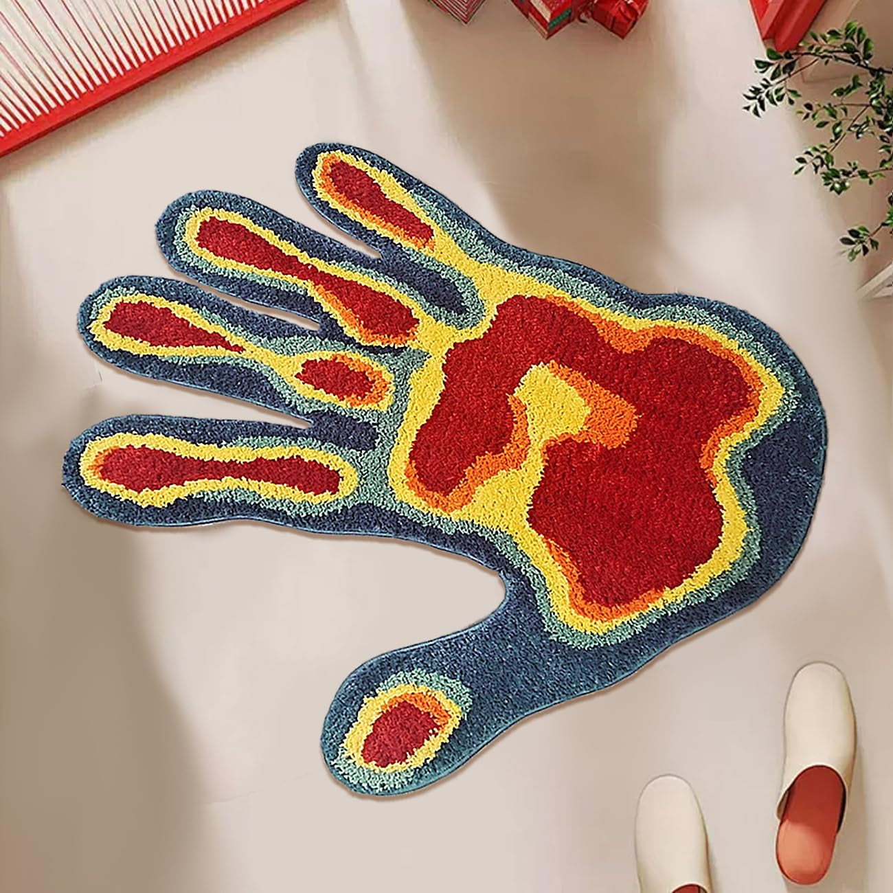 Hand Shape Bath Rug Funny Abstract Bathroom Rugs Soft Microfiber Shower Mat Non Slip Water Absorbent Bath Mat Funky Cool Carpet Bedroom Aesthetic Decor for Bathroom (Red,2.6 X 2.6FT)