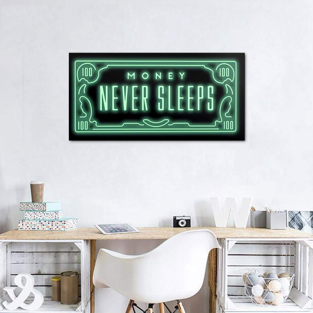 Inspirational Framed Office Wall Art Money Posters Green 100 Dollar Artwork Office Quote Money Never Sleeps Sayings Wall Decor Workplace Office Wall Pictures Modern Home Decor Easy to Hang-32 Wx16 H