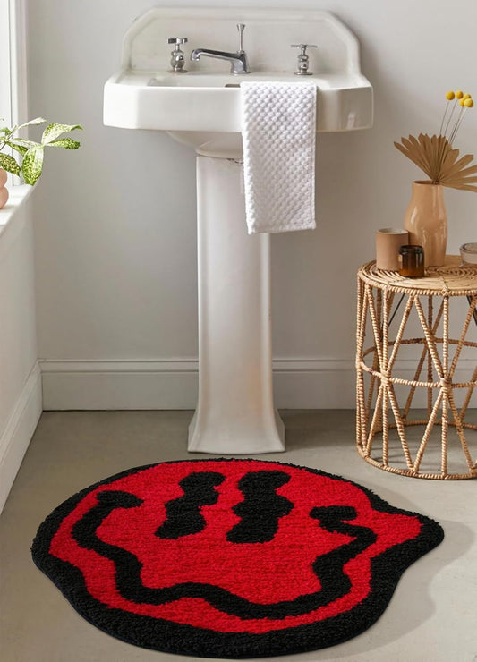 Trippy Cute 2Ft round Bathroom Rugs Red/Black Non Slip Rubber Backed Washable, Groovy Aesthetic Happy Face Abstract Hippie Retro Funny Cool Soft Plush Absorbent Bath Mat Shower Floor Rug