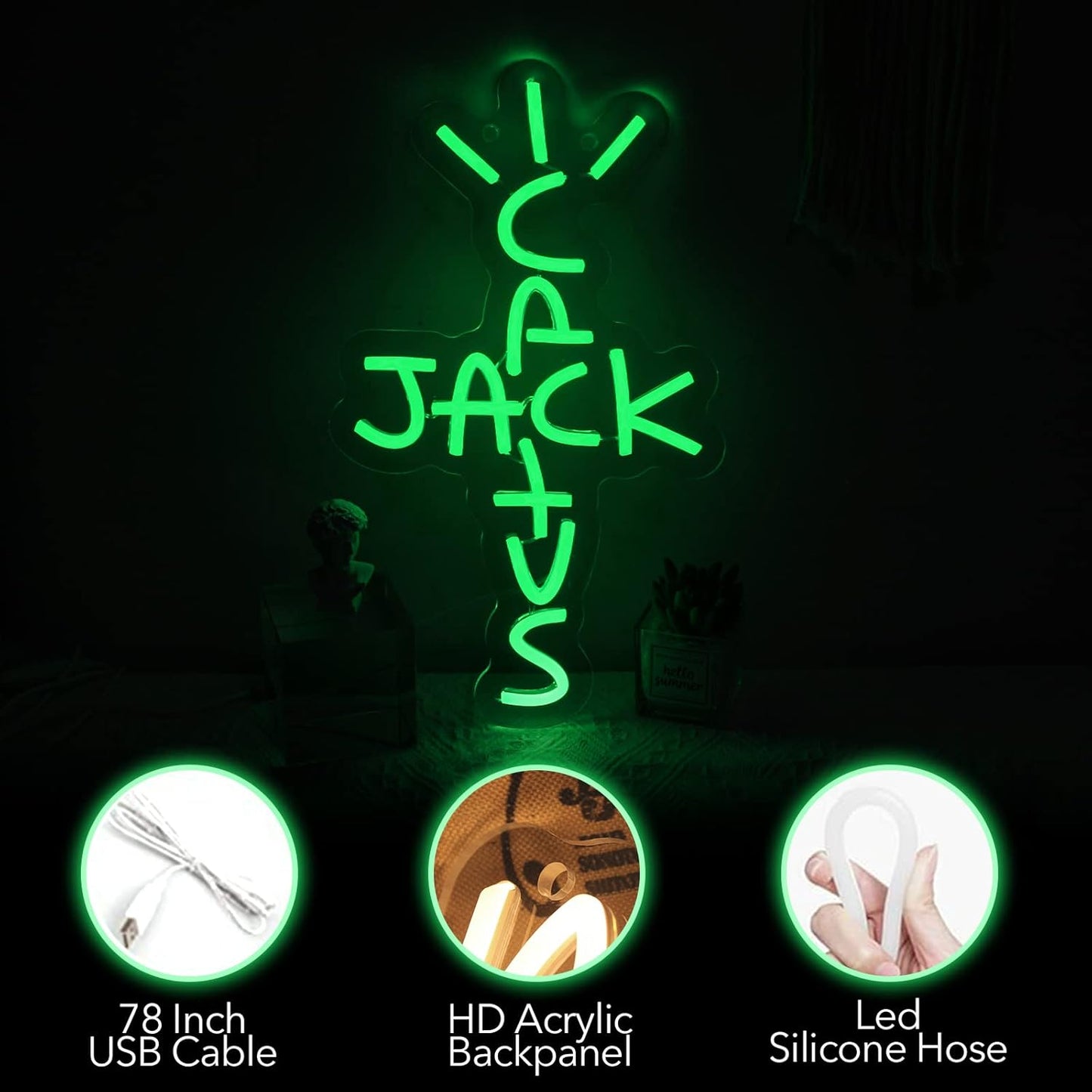 Cactus Jack Neon Sign Green Words Neon Light Sign Wall Art Neon Light for Rap Talking West Coast Light up Hanging Sign for Bedroom Home Bar Pub Party Decor USB Sign