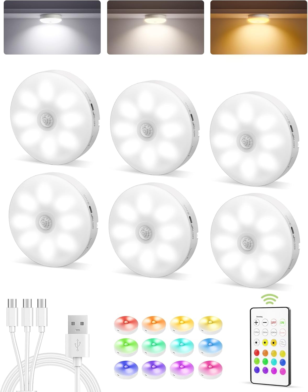 under Cabinet Lighting, Rechargeable Battery Operated Puck Lights with Remote, 3 Color Temps &12 RGB LED Motion Sensor Lights Indoor, Dimmable Magnetic under Counter Lights for Kitchen (6 Pack)