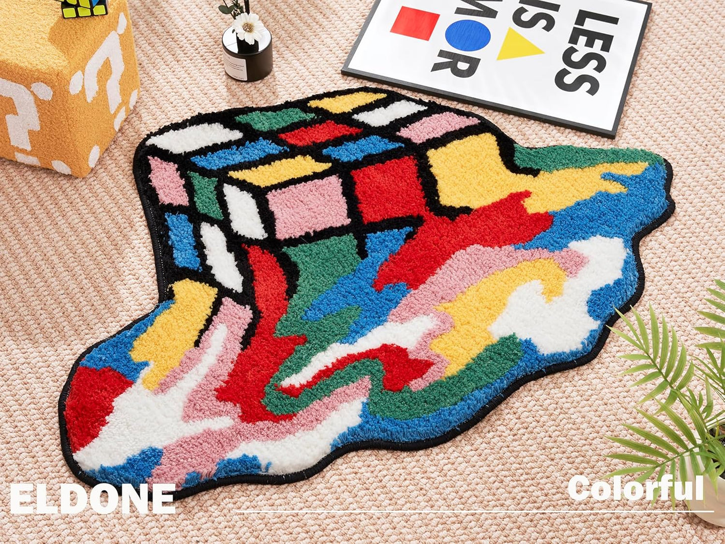 Melted Magic Cube Rug, Funky Aesthetic Area Rugs 34 X 24 Inch Non Slip Washable, Abstract Cute Unique Bathroom Bedroom Rugs Fluffy Soft Small Rugs, Funny Colorful Cool Rugs