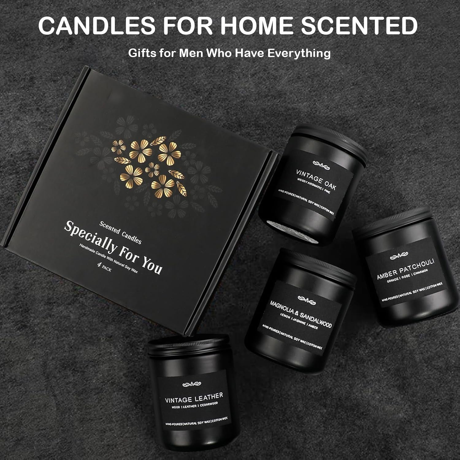 Scented Candles Gifts Set, Men Candle Set for Home Scented, 4 Pack Candles for Men, Valentines Day Gifts for Him, Birthday Gifts Candles for Men Scents of Leather/Oak/Patchouli/Magnolia Sandalwood