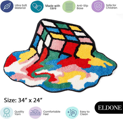 Melted Magic Cube Rug, Funky Aesthetic Area Rugs 34 X 24 Inch Non Slip Washable, Abstract Cute Unique Bathroom Bedroom Rugs Fluffy Soft Small Rugs, Funny Colorful Cool Rugs