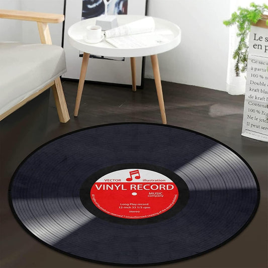 Music Record Black round Area Rug for Bedroom Living Room Study Playing,Non-Slip Floor Mat Carpet Home Decor Rugs, 3' Diameter