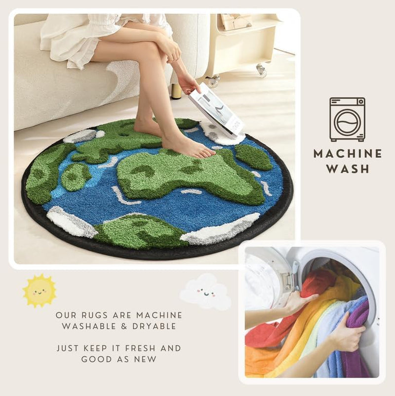 Cute Area Rug, Funny Earth Area Mats, Shaggy High Pile Non Slip Soft Absorbent Washable, Bedroom Bedside Bathroom Kids Gaming Nursery Room Rugs Home Decor Rug (Earth, 40" X 40")