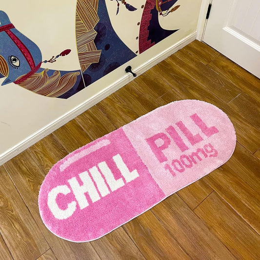 Pink Chill Pill Flocking Rug Oval Tufted Rug Bath Mat Door Floor Mat Home Decor Carpet Camping Mat Waterproof Anti-Slip (45.3X18.1Inch (115X46 Cm))