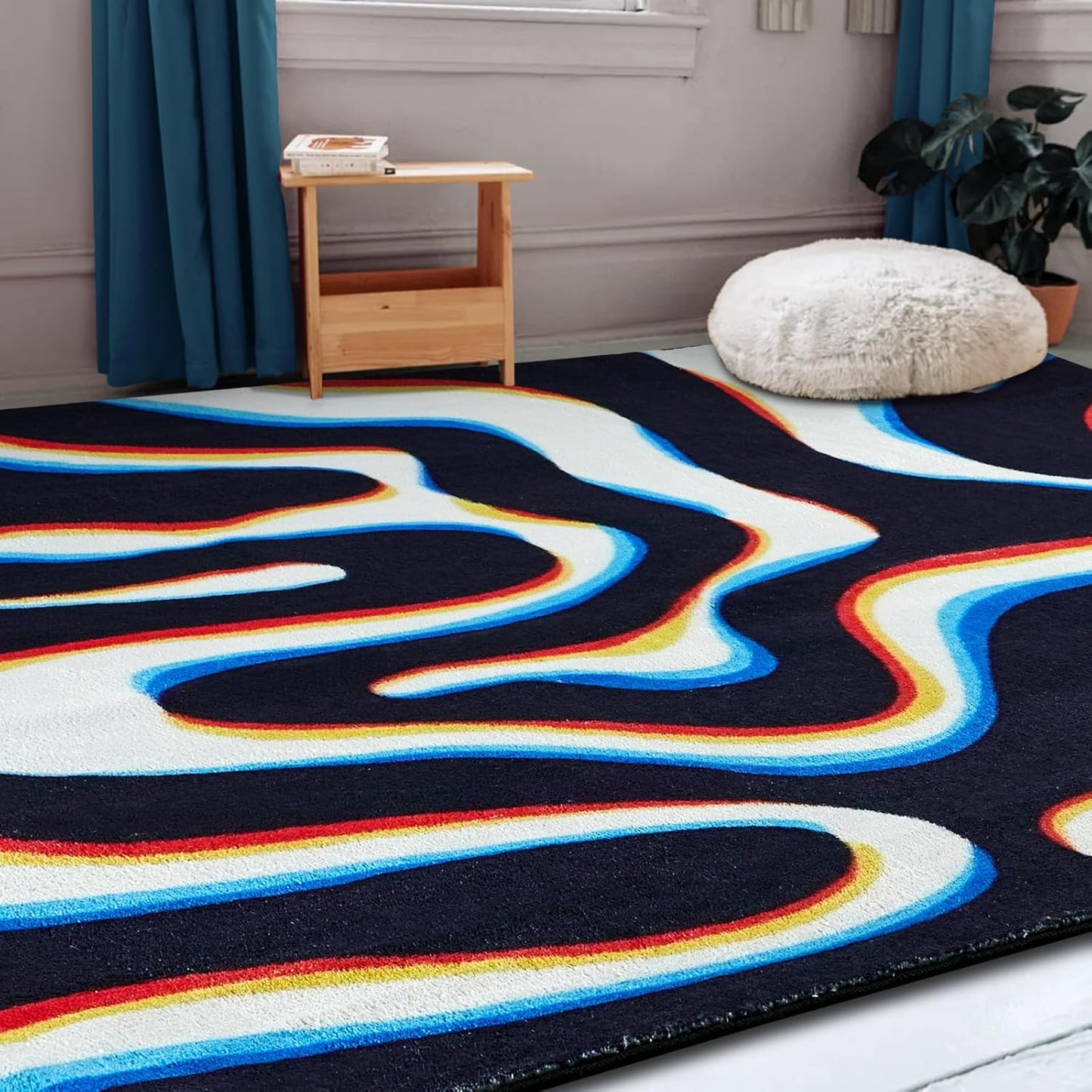 Trippy Abstract 4X6 Area Rug Soft Thin Funky Aesthetic Glitch Psychedelic Wavy Swirl Living Room Rug Colorful Black White, Retro Cool Washable Carpet for Kitchen Entryway Bedroom Dorm