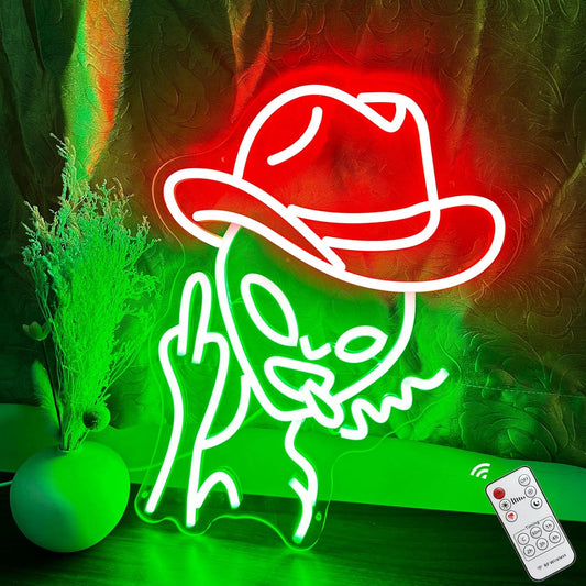 Cowboy Alien Neon Sign for Wall Decor, Remote Dimmer Green Alien Wearing Red Hats LED Neon Light for Home, USB Powered Cowboy Hat Alien Lamp for Man Cave Bar Party Gift Game Room Bedroom Room - 15''