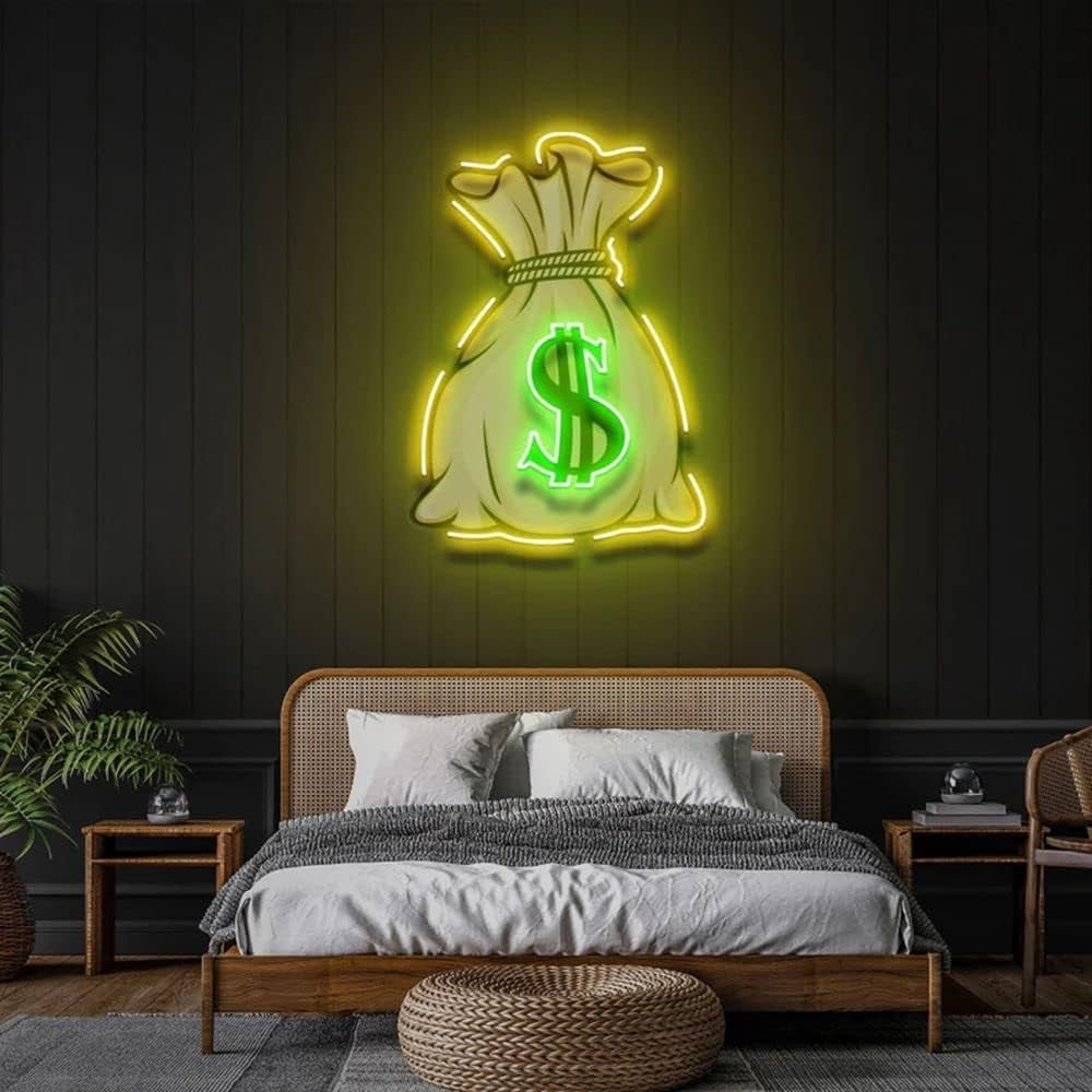 Money Bag Neon Signs for Wall Decor - Personalized Led Neon Lights Money Light up Led Sign Custom Light Signs USB Power Wall Wall Art Decoration,Size:40 * 30Cm