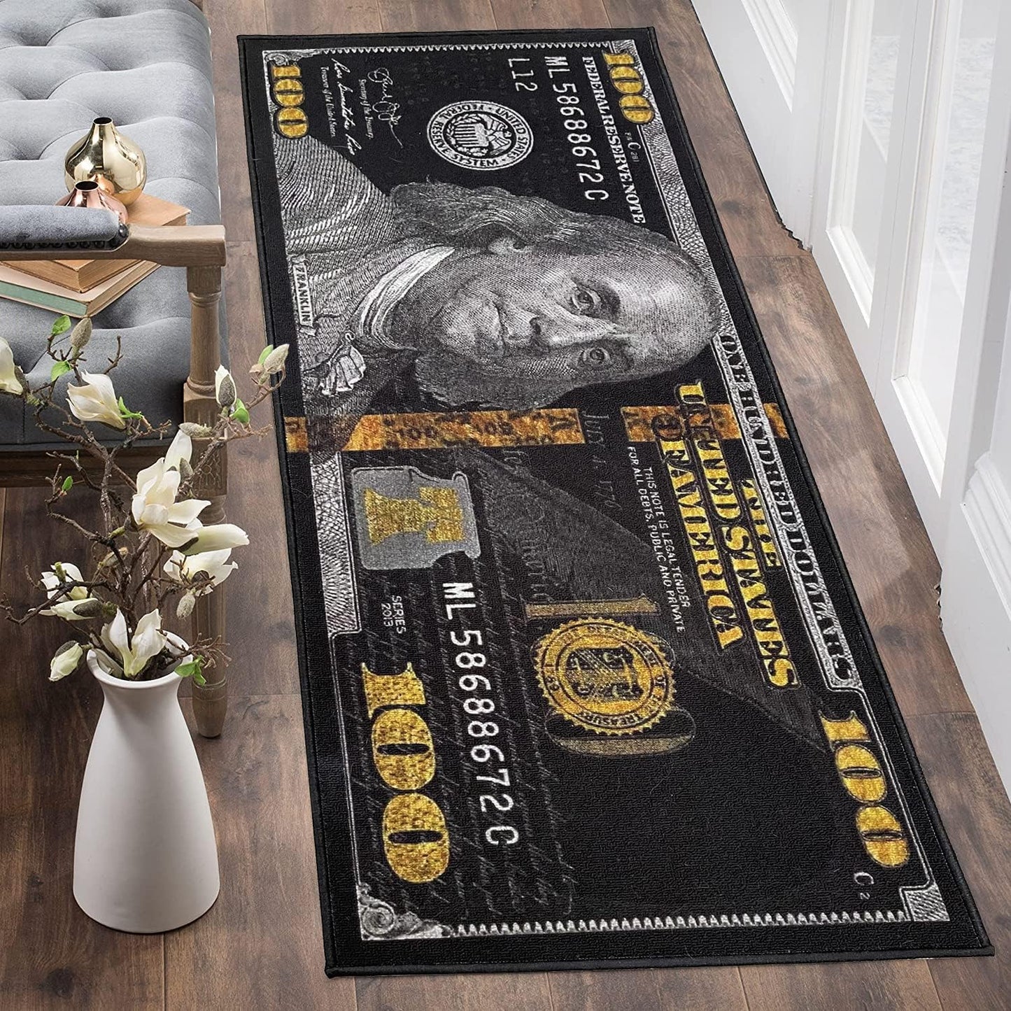 Black Money Rugs 100 Dollar Bill Cool Area Rug Door Mat Runner for Living Room Bedroom Indoor Outdoor Rug (31.5" X 78.7")