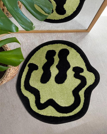 Trippy Happy Face Bath Mat Green- Cool Rugs for Bedroom, Cute Bath Mat, Hippie Rug Non-Slip, Sage Green Fun Funky Trendy Rug, Cool Decor for Bedroom Bathroom Hallway