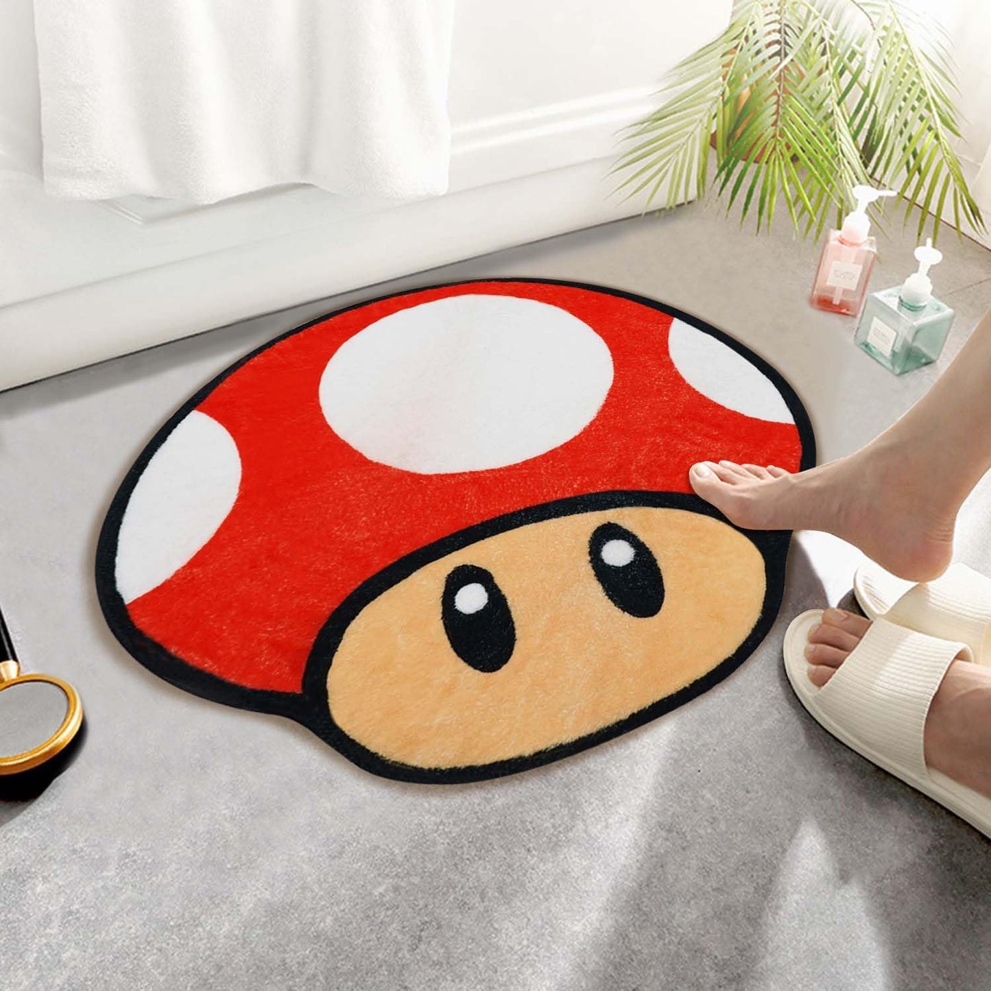 Cute Mushroom Bath Mat Red Irregular Shaped Bathroom Rugs for Kids Non-Slip Absorbent Washable Bath Mat Shaggy Kids Bedroom Rug Decor Entrance Door Mat for Shower Room and Bathtub